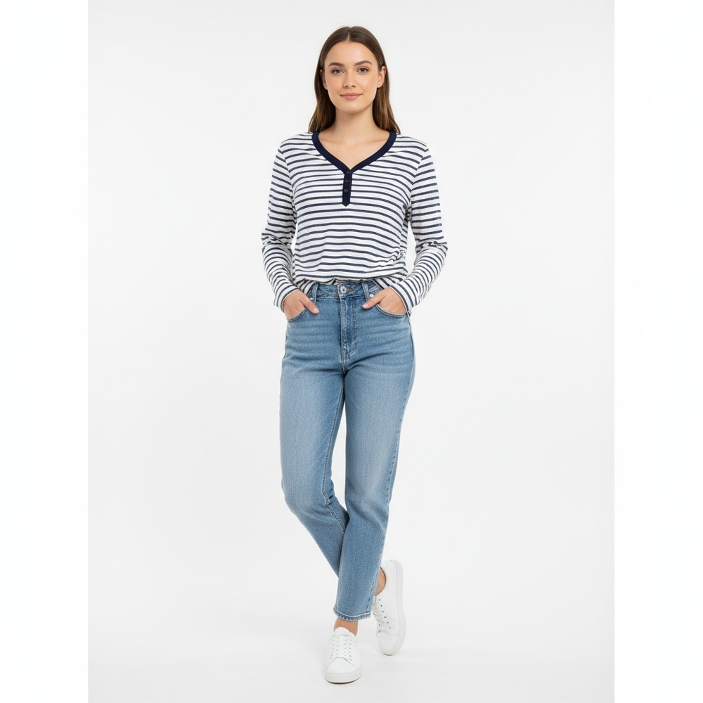 Striped Top Womens Large 12-14 White Blue Shirt Casual Comfortable Nautical